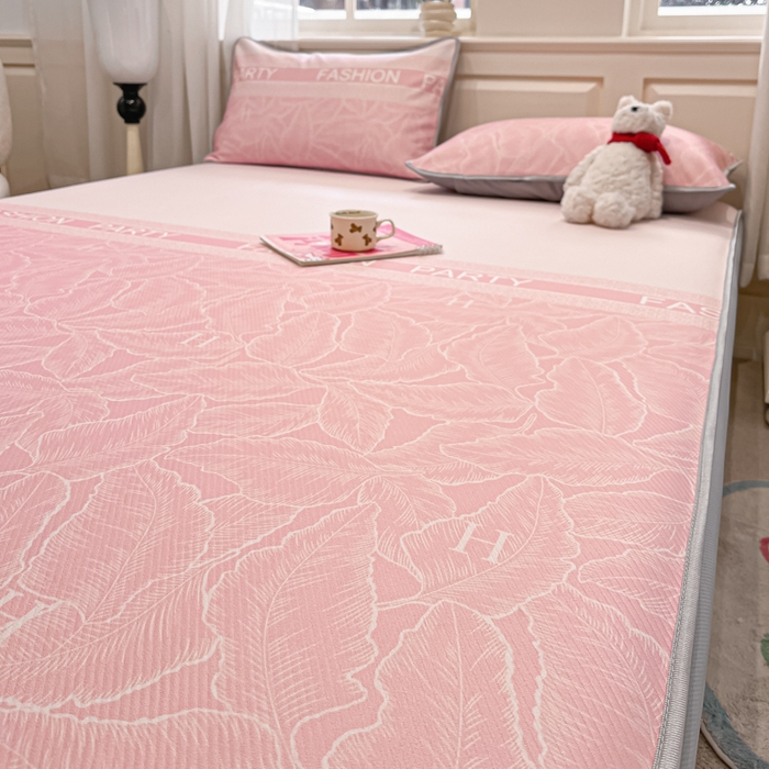 91家纺网 家纺一手货源 找家纺 星座家纺 2025新款复合提花凉感丝凉席三件套床笠款 叶之语-粉 床笠款