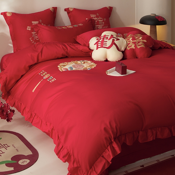 91家纺网 家纺一手货源 找家纺 玉雅家纺 2025新款长绒棉花边款刺绣时尚婚庆四件套 花边款-今世缘