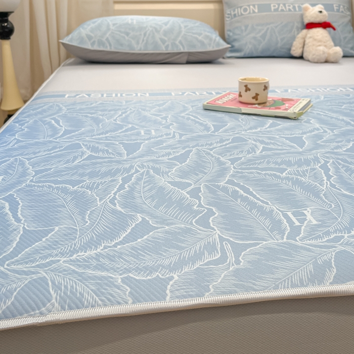 91家纺网 家纺一手货源 找家纺 星座家纺 2025新款复合提花凉感丝凉席三件套床笠款 叶之语-蓝 床笠款