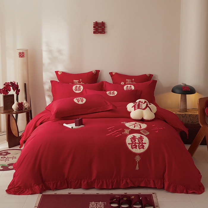 91家纺网 家纺一手货源 找家纺 玉雅家纺 2025新款长绒棉花边款刺绣时尚婚庆四件套 花边款-喜爱