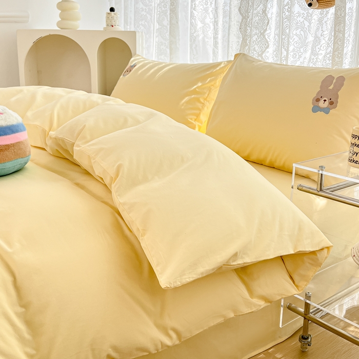 91家纺网 家纺一手货源 找家纺 曼町家居 2025春夏新款40支全棉纯棉水洗棉刺绣四件套 元气星喵-奶油黄