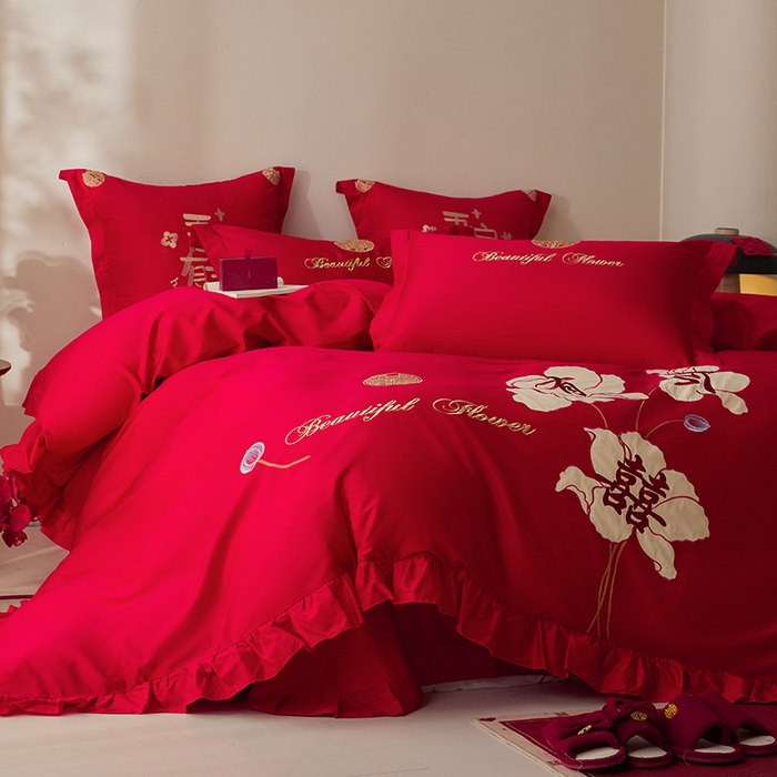 91家纺网 家纺一手货源 找家纺 玉雅家纺 2025新款长绒棉花边款刺绣时尚婚庆四件套 花边款-今喜