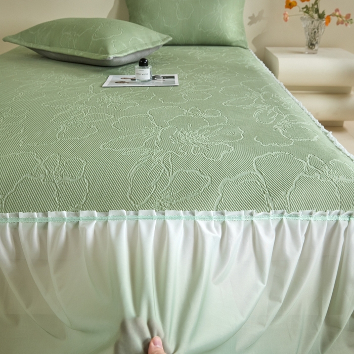 91家纺网 家纺一手货源 找家纺 卡初家居（原微来） 2025新款乙纶冰豆豆渐变色床裙款凉席席子 渐变绿