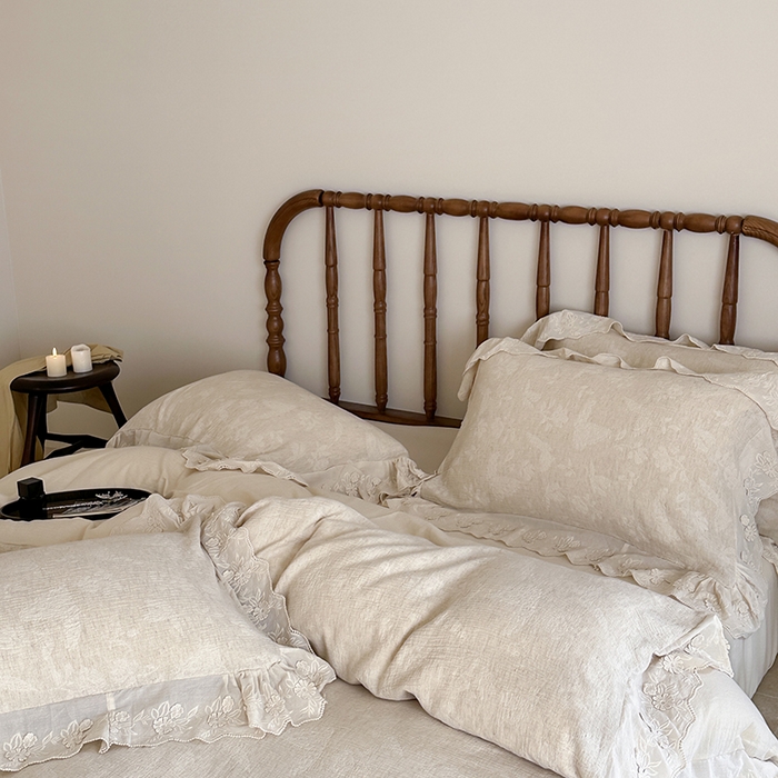 91家纺网 家纺一手货源 找家纺 山舍家居2025新款纯棉棉麻色织提花刺绣花边款四件套-蝶梦晚落 蝶梦晚落-麻本色