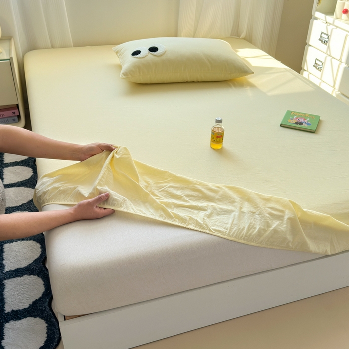 91家纺网 家纺一手货源 找家纺 丽涵家纺 丽涵新品 全棉色织水洗棉单品床笠-床笠三件套 奶黄色