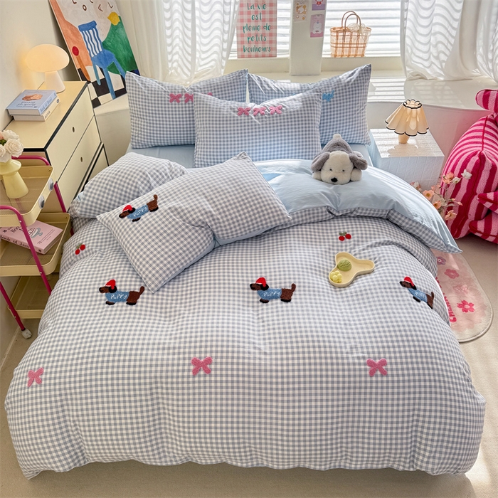 91家纺网 家纺一手货源 找家纺 多品 2025春夏新款水洗棉毛巾绣卡通系列四件套-系列二 帽子狗