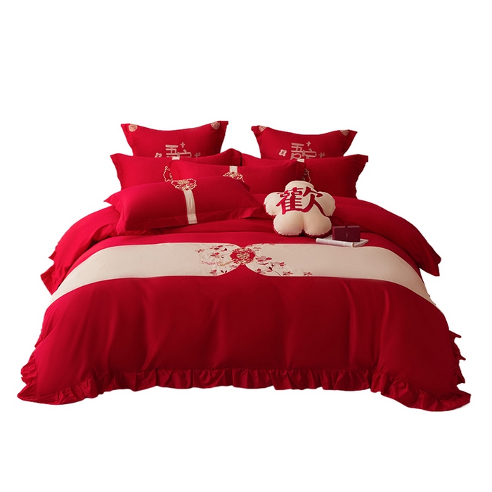 91家纺网 家纺一手货源 找家纺 （总）玉雅家纺 2025新款长绒棉花边款刺绣时尚婚庆四件套