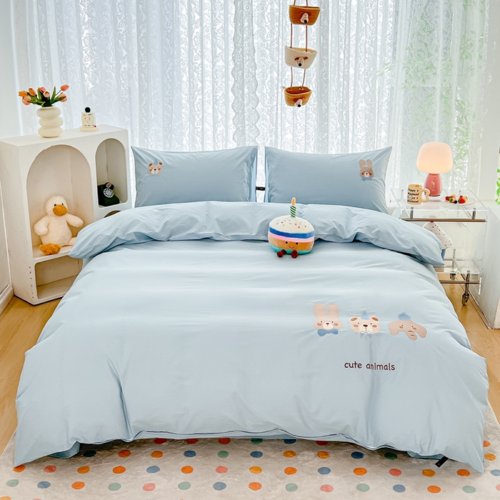 91家纺网 家纺一手货源 找家纺 曼町家居 2025春夏新款40支全棉纯棉水洗棉刺绣四件套 元气星喵-北欧蓝