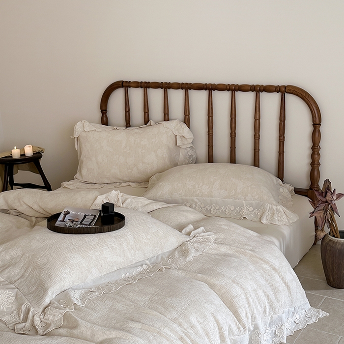 91家纺网 家纺一手货源 找家纺 山舍家居2025新款纯棉棉麻色织提花刺绣花边款四件套-蝶梦晚落 蝶梦晚落-麻本色