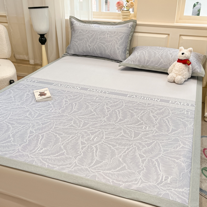 91家纺网 家纺一手货源 找家纺 星座家纺 2025新款复合提花凉感丝凉席三件套平铺款 叶之语-灰