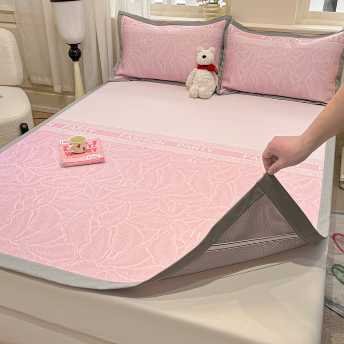 91家纺网 家纺一手货源 找家纺 星座家纺 2025新款复合提花凉感丝凉席三件套平铺款 叶之语-粉