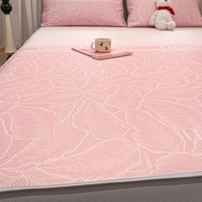 91家纺网 家纺一手货源 找家纺 星座家纺 2025新款复合提花凉感丝凉席三件套床笠款 叶之语-粉 床笠款