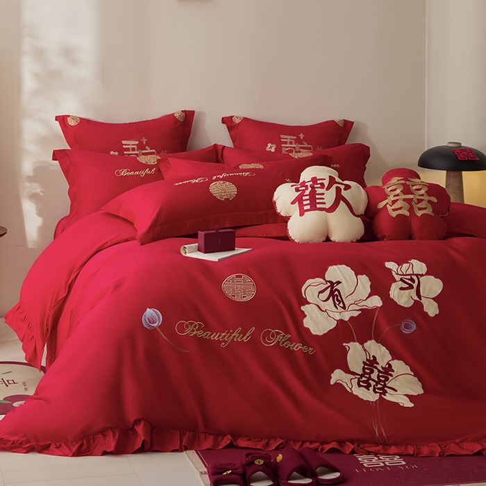 91家纺网 家纺一手货源 找家纺 玉雅家纺 2025新款长绒棉花边款刺绣时尚婚庆四件套 花边款-今喜