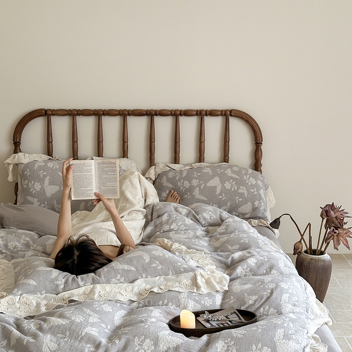 91家纺网 家纺一手货源 找家纺 （总）山舍家居2025新款纯棉棉麻色织提花刺绣花边款四件套-蝶梦晚落