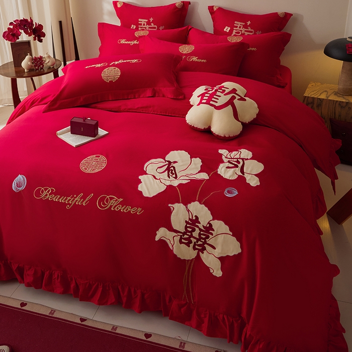 91家纺网 家纺一手货源 找家纺 玉雅家纺 2025新款长绒棉花边款刺绣时尚婚庆四件套 花边款-今喜