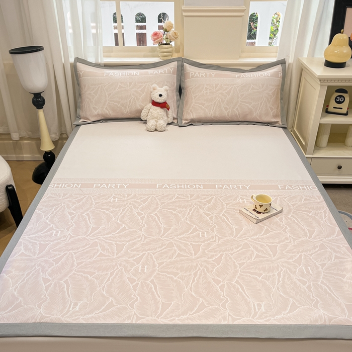 91家纺网 家纺一手货源 找家纺 星座家纺 2025新款复合提花凉感丝凉席三件套平铺款 叶之语-奶咖