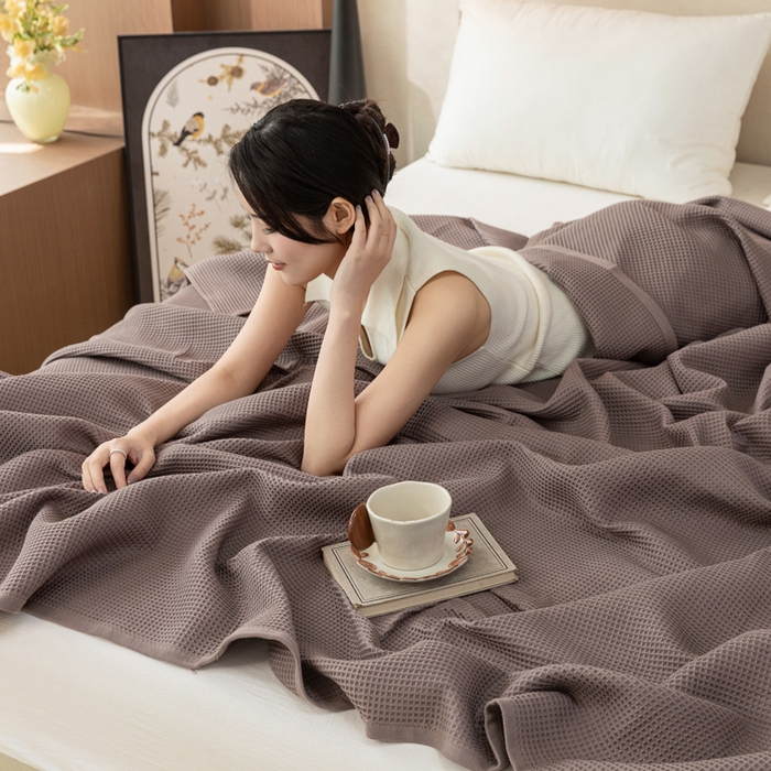 91家纺网 家纺一手货源 找家纺 乐家毛巾被 2025春夏新款日式华夫全棉纯棉毛巾被 华夫格-棕