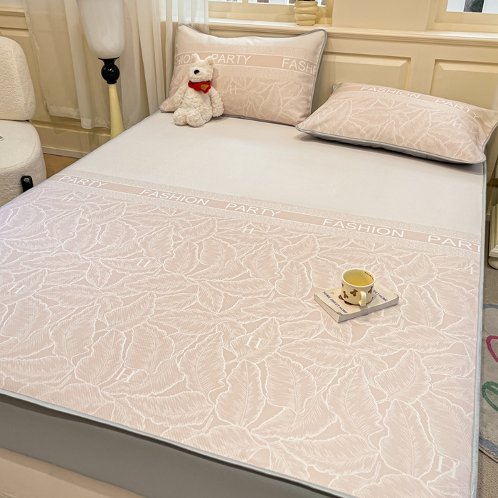 91家纺网 家纺一手货源 找家纺 星座家纺 2025新款复合提花凉感丝凉席三件套床笠款 叶之语-奶咖 床笠款