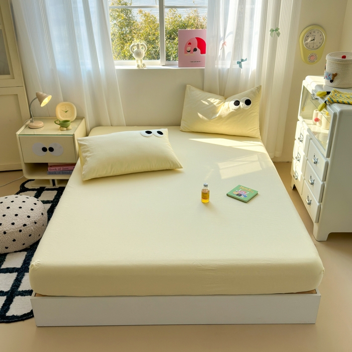 91家纺网 家纺一手货源 找家纺 丽涵家纺 丽涵新品 全棉色织水洗棉单品床笠-床笠三件套 奶黄色