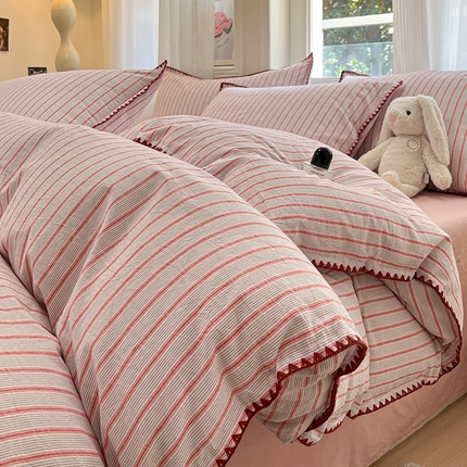 91家纺网 家纺一手货源 找家纺 （总）莱茵家居 2025新款全棉色织水洗棉贝壳包边四件套生椰系列