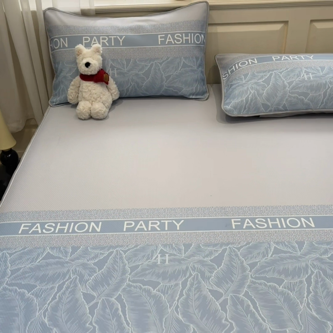 91家纺网 家纺一手货源 找家纺 星座家纺 2025新款复合提花凉感丝凉席三件套床笠款 叶之语-蓝 床笠款