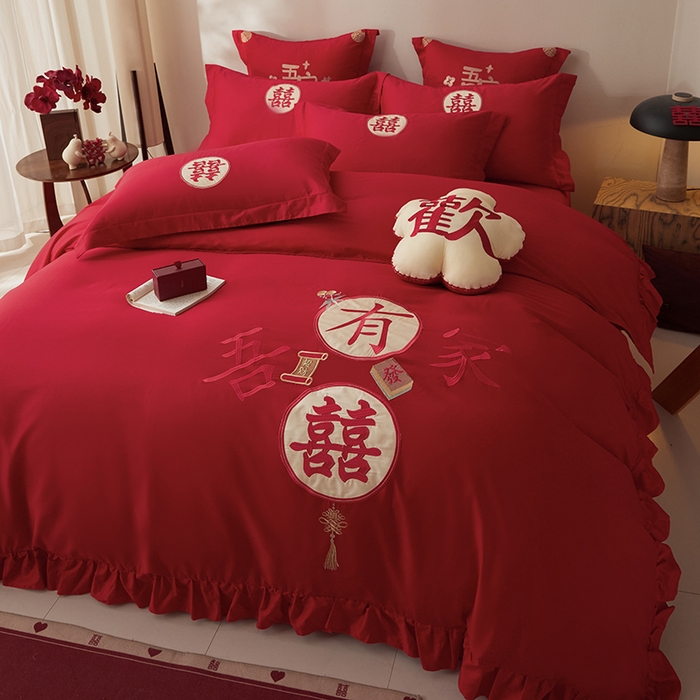 91家纺网 家纺一手货源 找家纺 玉雅家纺 2025新款长绒棉花边款刺绣时尚婚庆四件套 花边款-喜爱