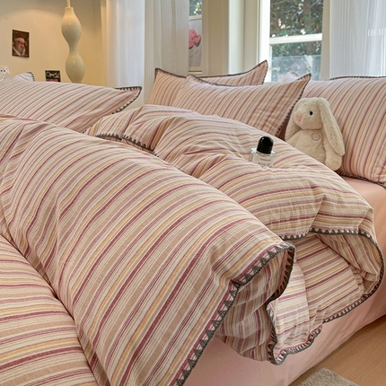 91家纺网 家纺一手货源 找家纺 （总）莱茵家居 2025新款全棉色织水洗棉贝壳包边四件套生椰系列