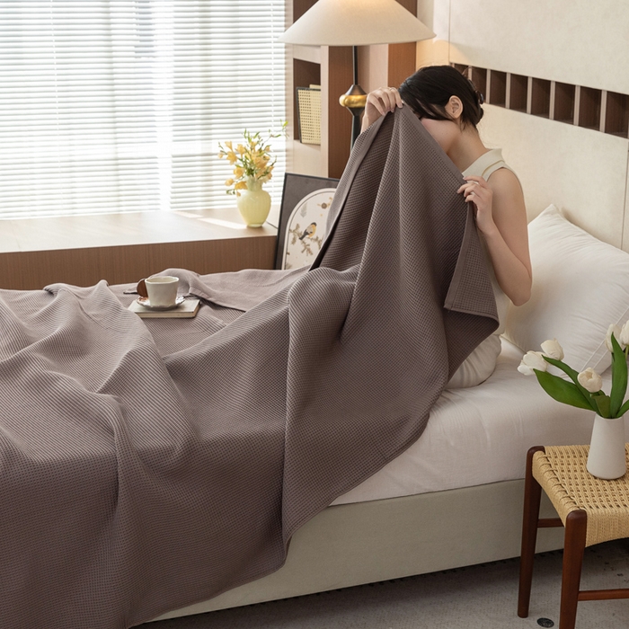 91家纺网 家纺一手货源 找家纺 乐家毛巾被 2025春夏新款日式华夫全棉纯棉毛巾被 华夫格-棕