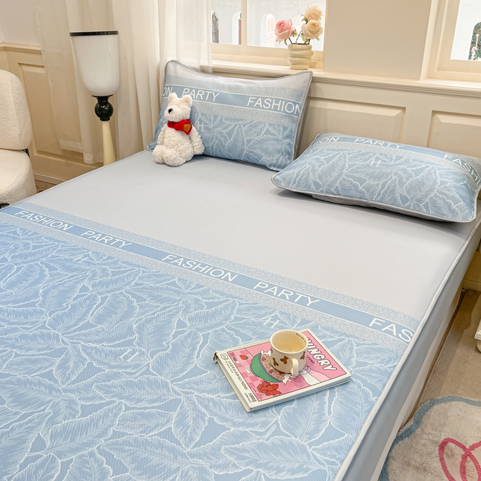 91家纺网 家纺一手货源 找家纺 星座家纺 2025新款复合提花凉感丝凉席三件套床笠款 叶之语-蓝 床笠款