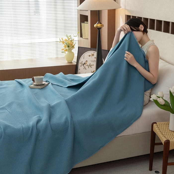 91家纺网 家纺一手货源 找家纺 乐家毛巾被 2025春夏新款日式华夫全棉纯棉毛巾被 华夫格-天蓝
