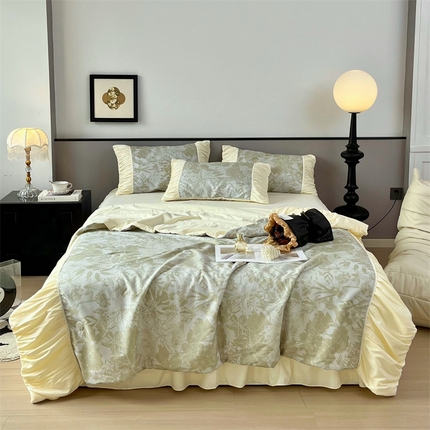 91家纺网 家纺一手货源 找家纺 （总）一左一右 2025新款法式少女风数码印花褶皱花边亲肤棉夏凉被大豆被夏被四件套（提供买家秀）