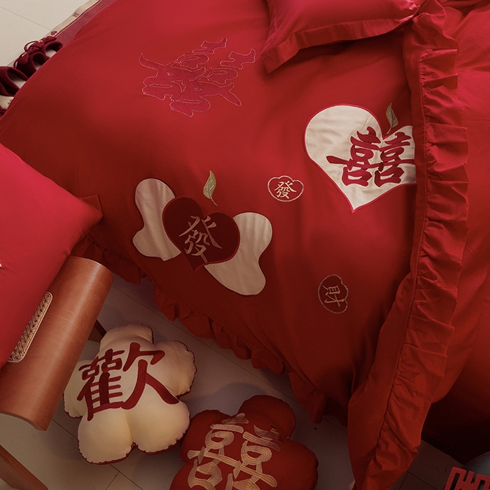 91家纺网 家纺一手货源 找家纺 玉雅家纺 2025新款长绒棉花边款刺绣时尚婚庆四件套 花边款-喜發