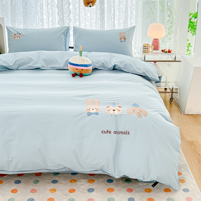 91家纺网 家纺一手货源 找家纺 曼町家居 2025春夏新款40支全棉纯棉水洗棉刺绣四件套 元气星喵-北欧蓝