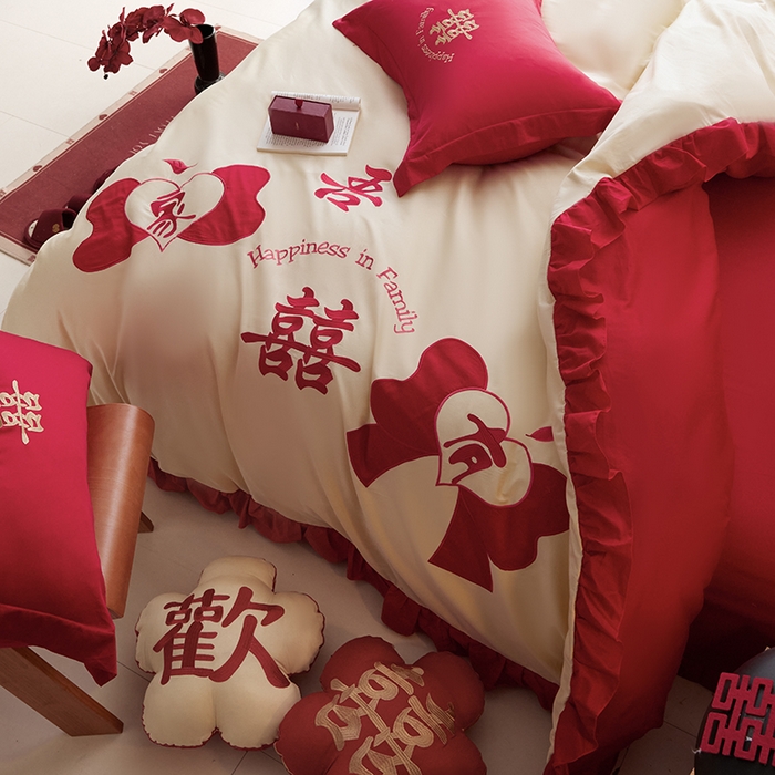 91家纺网 家纺一手货源 找家纺 玉雅家纺 2025新款长绒棉花边款刺绣时尚婚庆四件套 花边款-同心缘-奶油黄