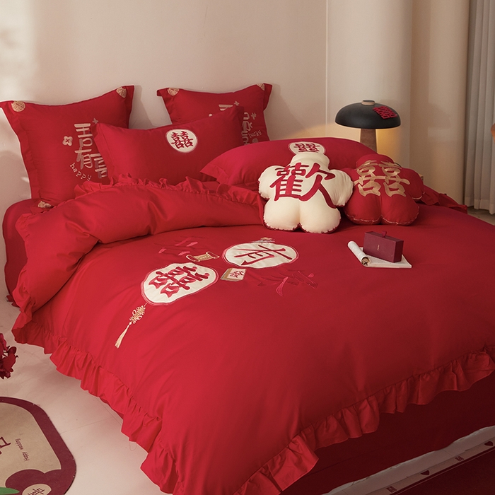 91家纺网 家纺一手货源 找家纺 玉雅家纺 2025新款长绒棉花边款刺绣时尚婚庆四件套 花边款-喜爱