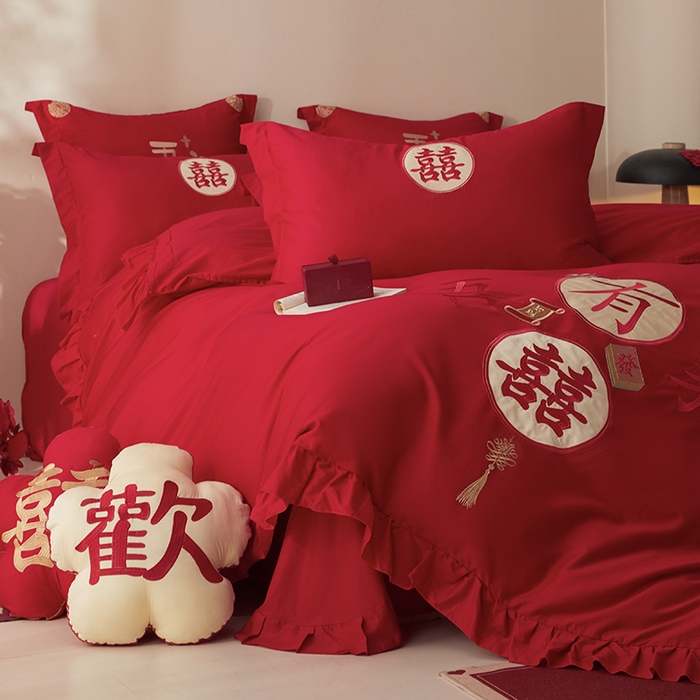 91家纺网 家纺一手货源 找家纺 玉雅家纺 2025新款长绒棉花边款刺绣时尚婚庆四件套 花边款-喜爱