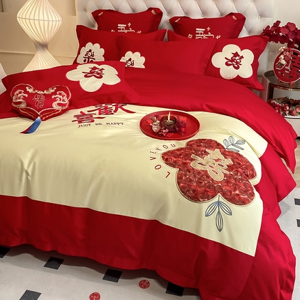 91家纺网 家纺一手货源 找家纺 （总）玉雅家纺 2025新款长绒棉花边款刺绣时尚婚庆四件套