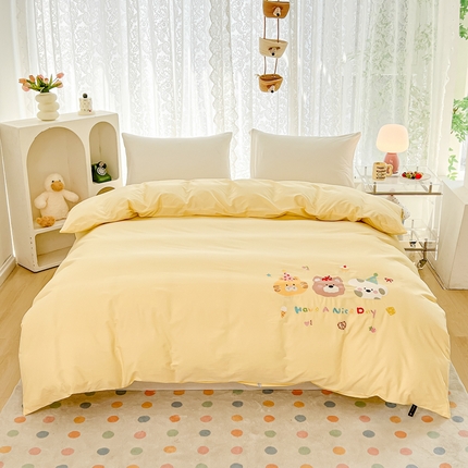 曼町家居 2025春夏新款40支全棉纯棉水洗棉刺绣四件套 萌趣熊抱-奶油黄