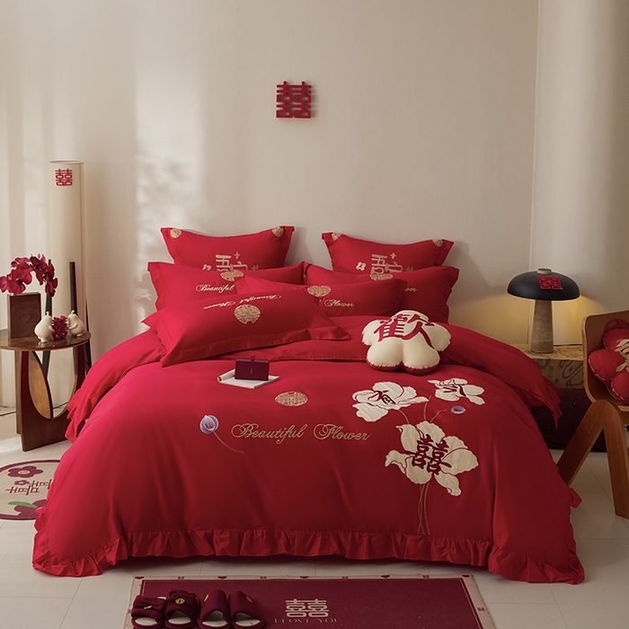 91家纺网 家纺一手货源 找家纺 玉雅家纺 2025新款长绒棉花边款刺绣时尚婚庆四件套 花边款-今喜