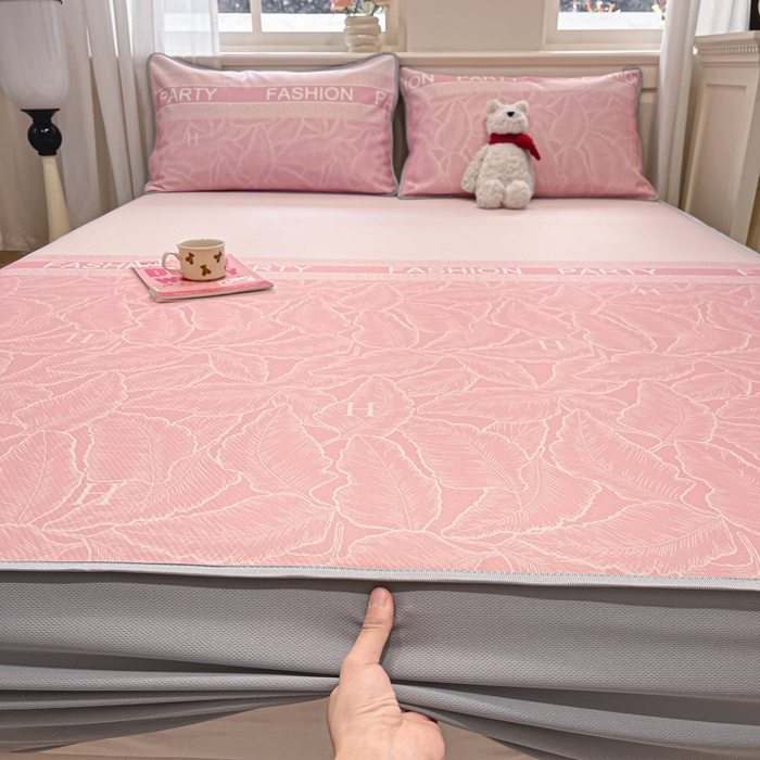 91家纺网 家纺一手货源 找家纺 星座家纺 2025新款复合提花凉感丝凉席三件套床笠款 叶之语-粉 床笠款