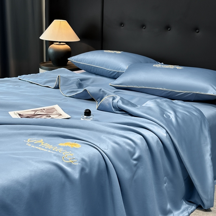 91家纺网 家纺一手货源 找家纺 伊梵居 2025新款水洗真丝刺绣夏被四件套 梦羽-宾利蓝