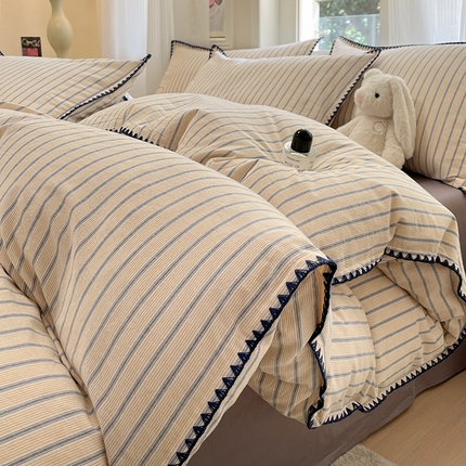 莱茵家居 2025新款全棉色织水洗棉贝壳包边四件套生椰系列 声声乌龙