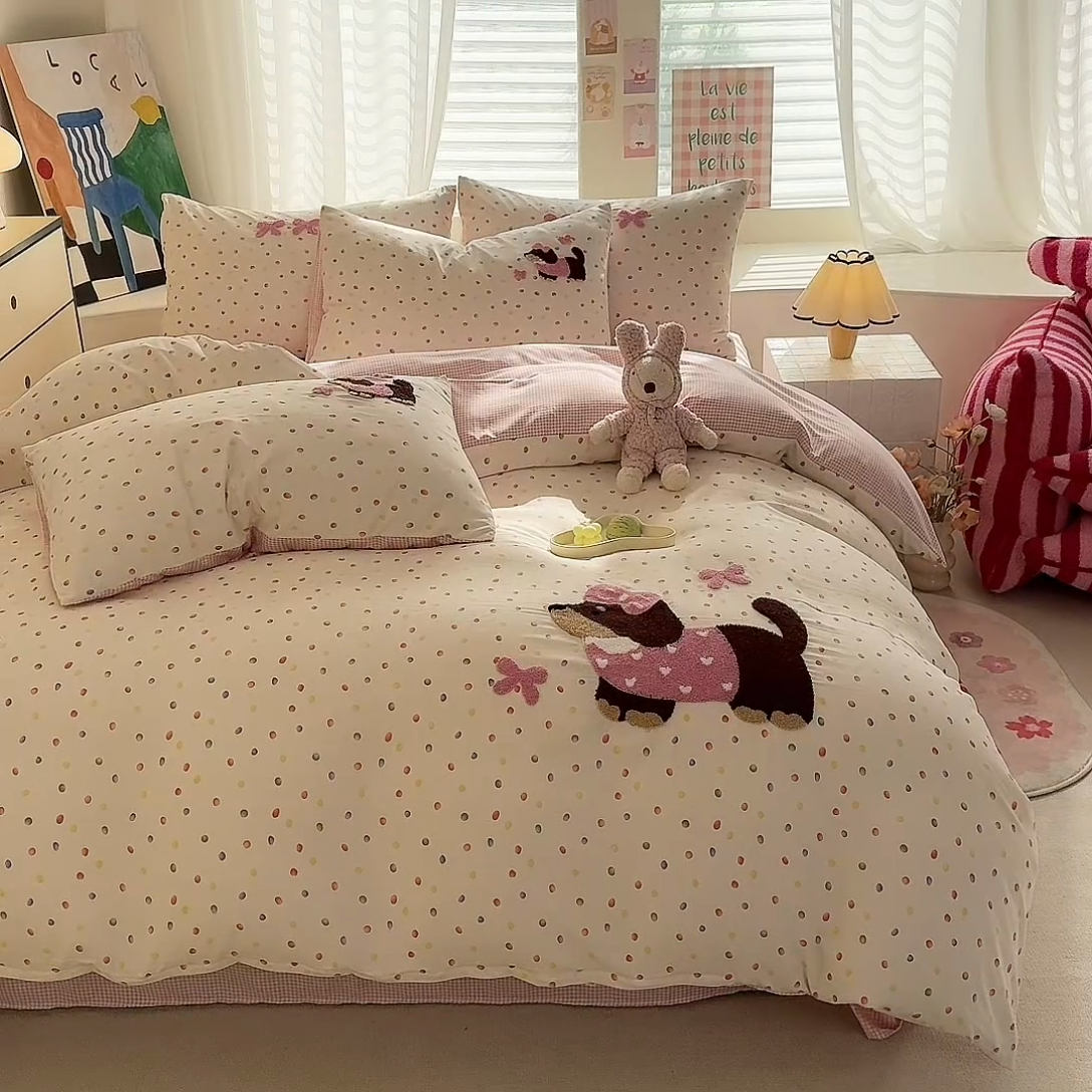 91家纺网 家纺一手货源 找家纺 多品 2025春夏新款水洗棉毛巾绣卡通系列被套单件-单被套 心愿狗