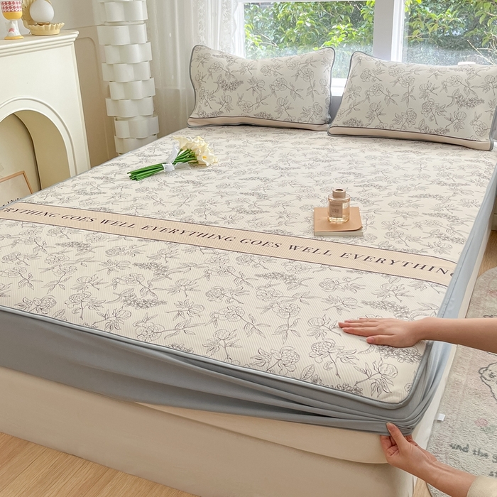 91家纺网 家纺一手货源 找家纺 星座家纺 2025新款复合提花凉感丝凉席三件套床笠款 午后茶花-床笠款