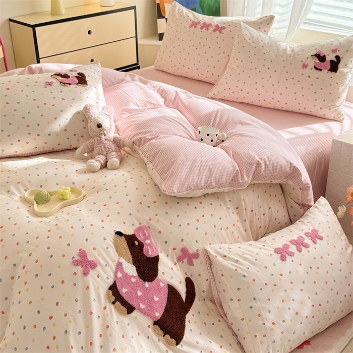 91家纺网 家纺一手货源 找家纺 多品 2025春夏新款水洗棉毛巾绣卡通系列四件套-系列二 心愿狗