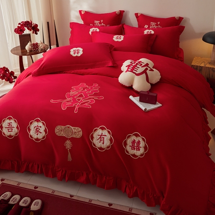 91家纺网 家纺一手货源 找家纺 （总）玉雅家纺 2025新款长绒棉花边款刺绣时尚婚庆四件套