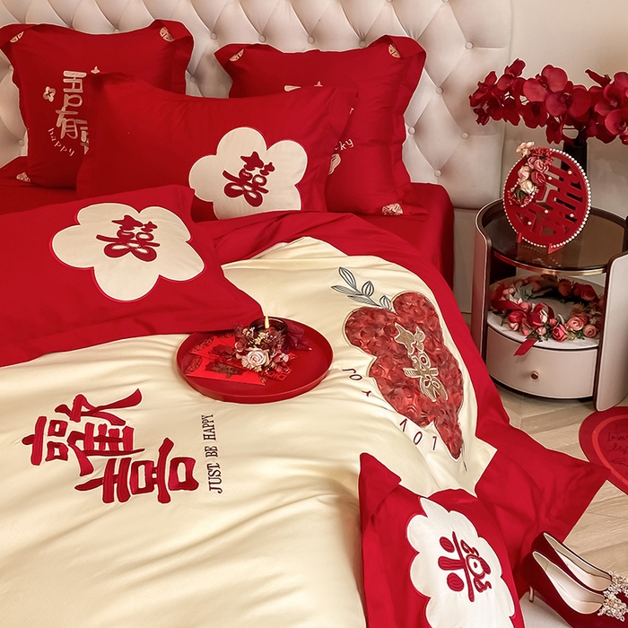 91家纺网 家纺一手货源 找家纺 玉雅家纺 2025新款长绒棉花边款刺绣时尚婚庆四件套 欢喜乐