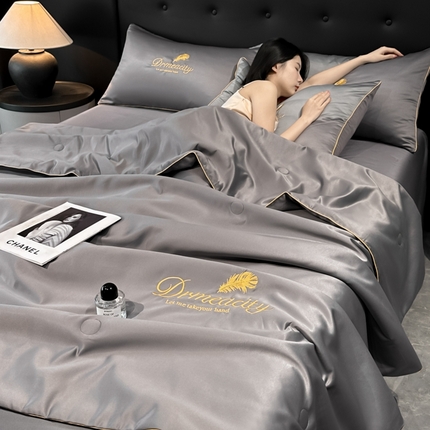 91家纺网 家纺一手货源 找家纺 伊梵居 2025新款水洗真丝刺绣夏被四件套 梦羽-高级灰