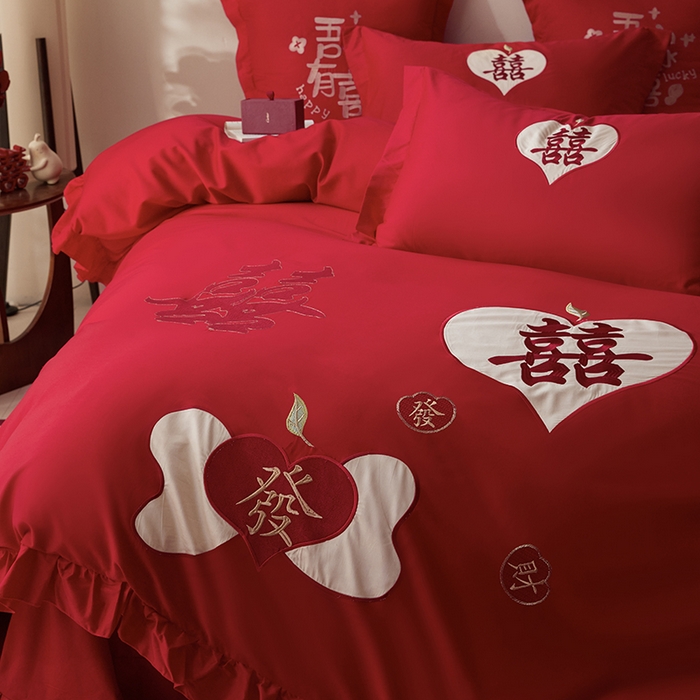 91家纺网 家纺一手货源 找家纺 玉雅家纺 2025新款长绒棉花边款刺绣时尚婚庆四件套 花边款-喜發