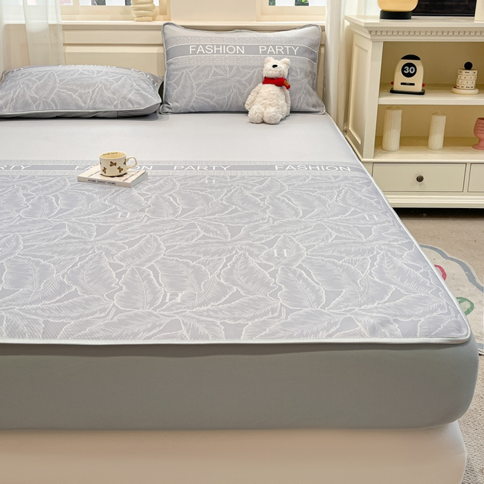 91家纺网 家纺一手货源 找家纺 星座家纺 2025新款复合提花凉感丝凉席三件套床笠款 叶之语-灰 床笠款